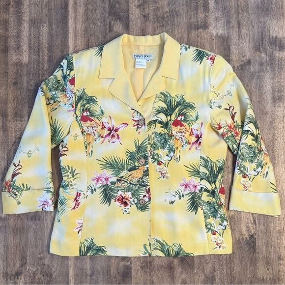VTG Tropical Blazer 100% Silk Floral Parrot Hawaiian Nancy Bolen Yellow Medium - Picture 4 of 10